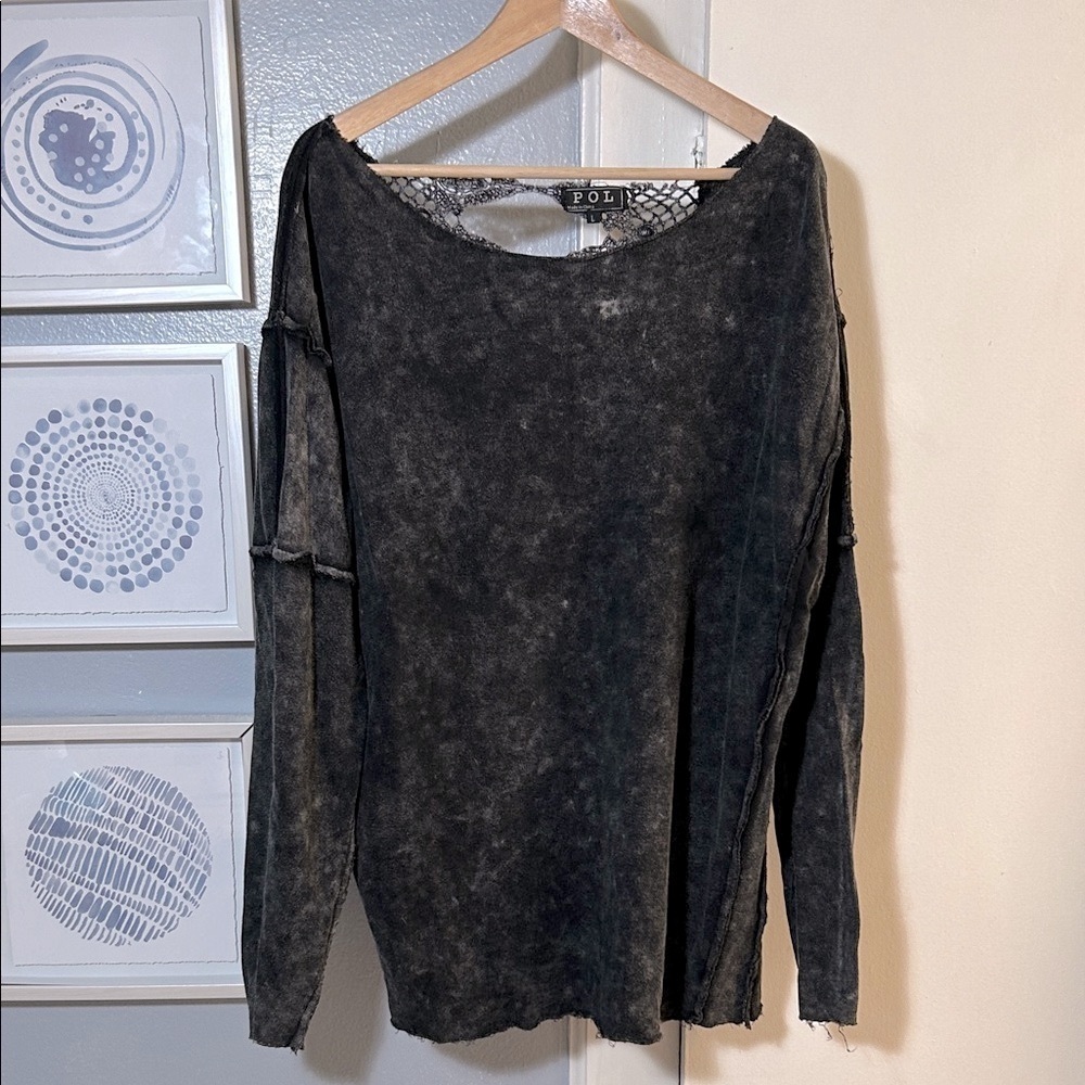 POL Inside Out Raw Hem Cut out Crocheted Back Size L